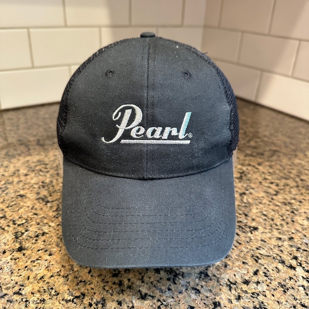 Vintage Y2K Pearl Drums Logo K-Products Trucker Hat Black Mesh Snapback Cap